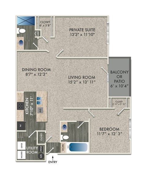 Floor plan for 2 beds, 2 baths, 1136 sqft